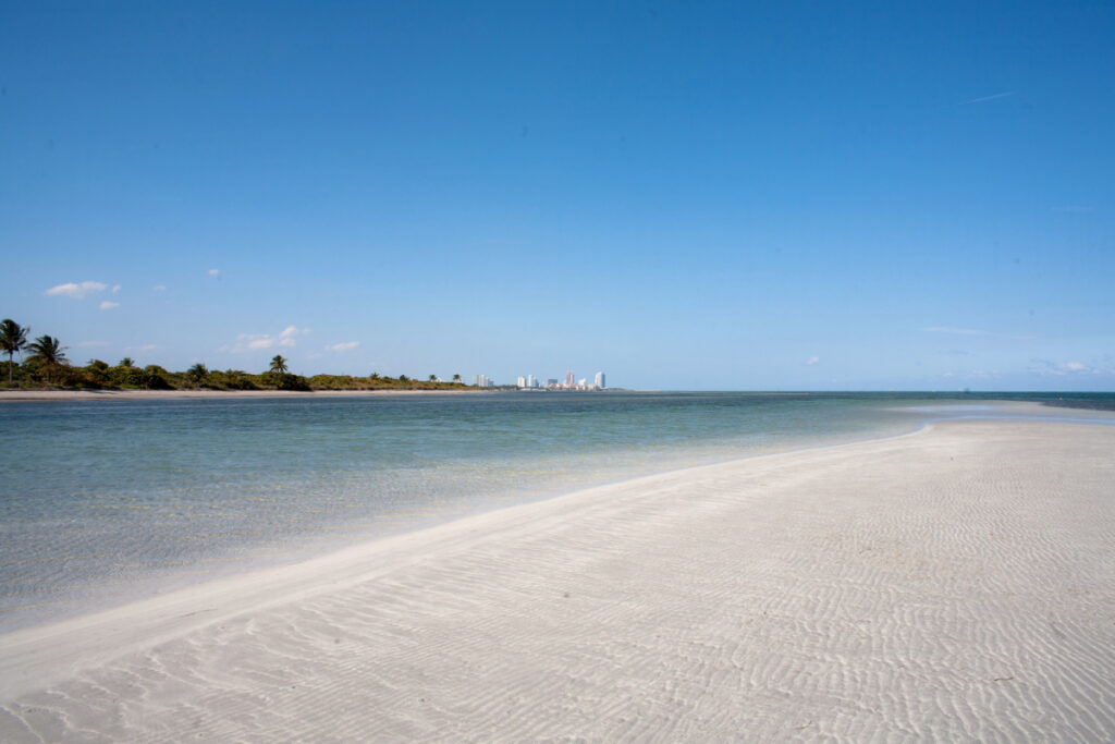 White-sand beach with Miami skyline in the distance
