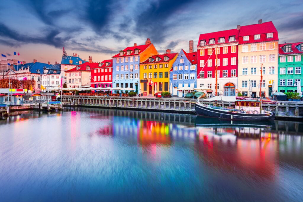 Colorful row of waterfront homes in Copenhagen
