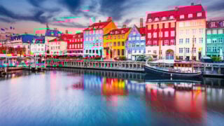 Colorful row of waterfront homes in Copenhagen