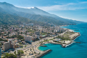 Aerial Panoramic view of Caraballeda de la Costa coastline caribbean beach, Vargas State. Venezuela.