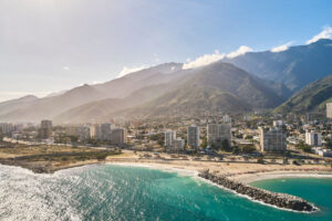 Aerial view picturesque public beach with turquoise water. Los Corales, La Guaira, Venezuela