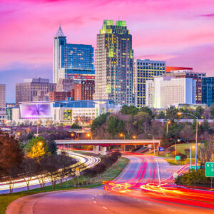 Colorful sky over Raleigh skyline