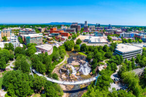 Drone city aerial image of downtown Greenville South Carolina SC