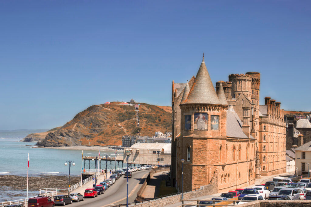 ⁠Storybook architecture along coast in Aberystwyth, Wales
