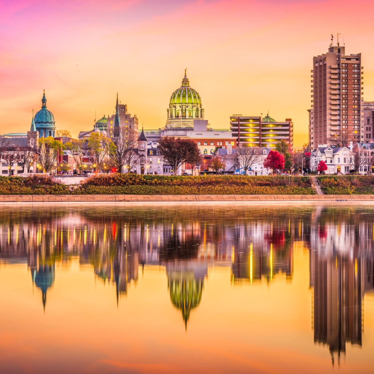 Mirrored reflection of Harrisburg, PA cityscape