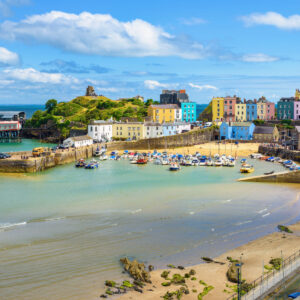 Pastel townscape of Tenby, Wales, UK
