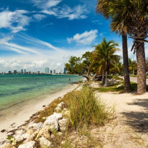 Quaint Virginia Key shoreline with Miami skyline in background