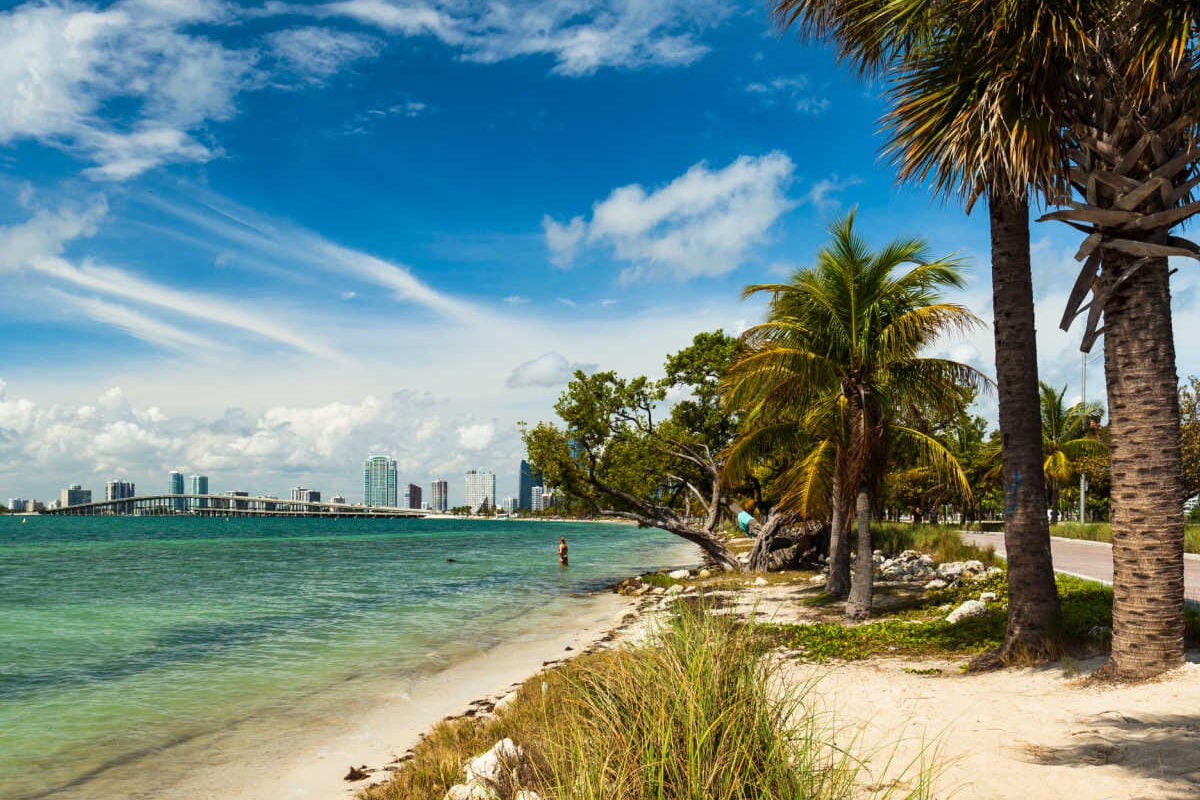 Quaint Virginia Key shoreline with Miami skyline in background