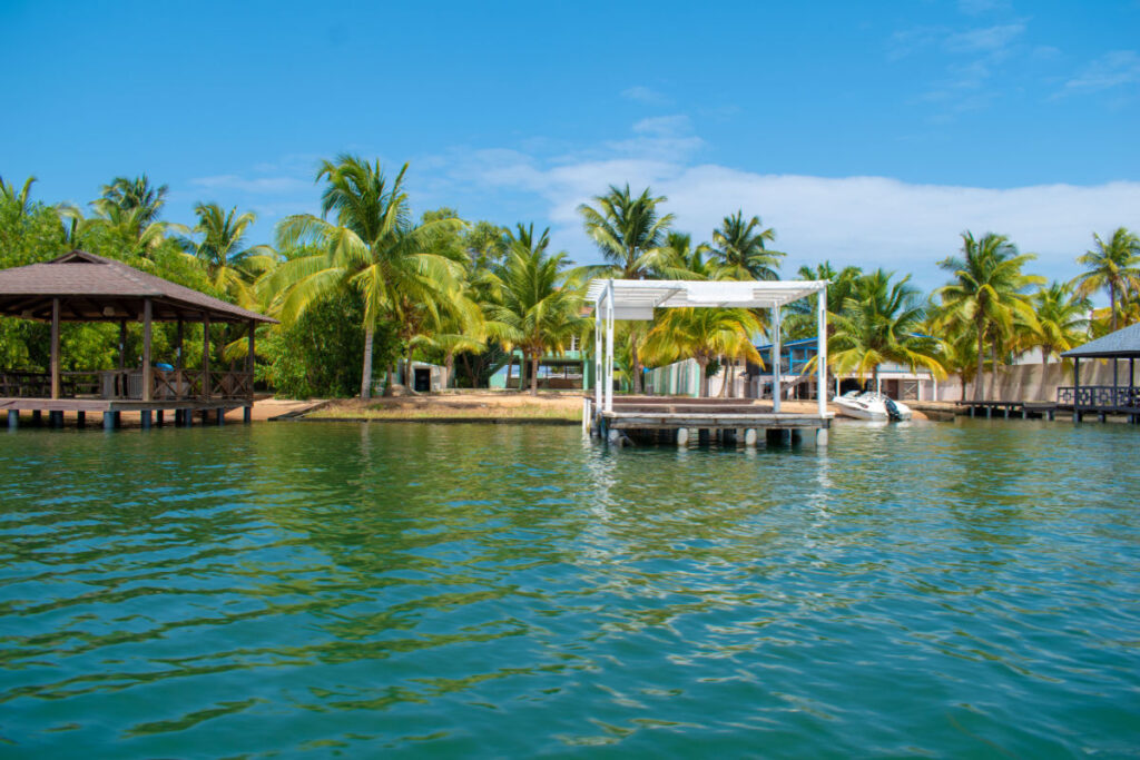 Riverside homes in Ghana. Ada Estuary. Lake Volta. Volta River
