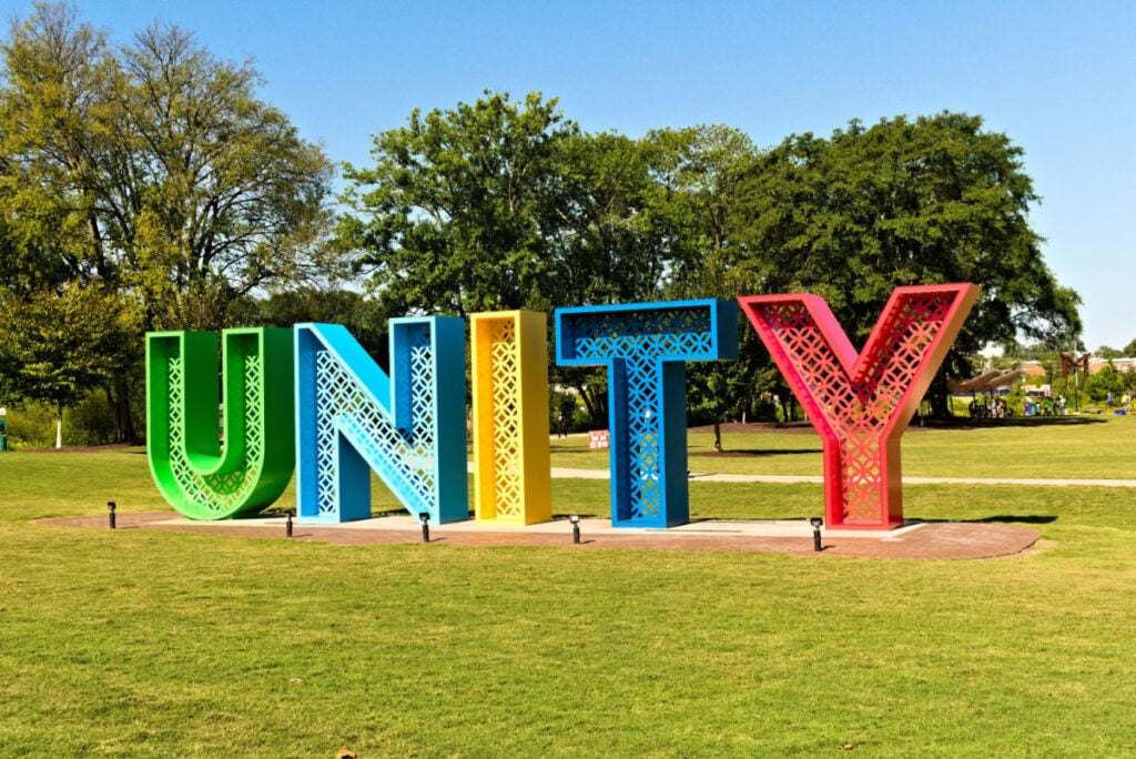 This beautiful, multi-colored sign can be found at Unity Park, Greenville&rsquo;s newest park.