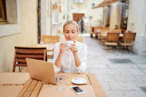 Remote worker at European cafe