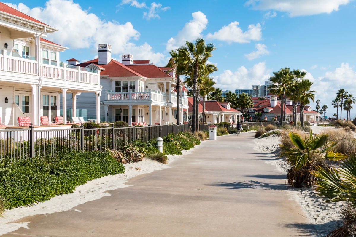 A sidewalk by beachfront cottages of the Hotel del Coronado, a historic beachfront hotel built in 1888, and formerly the largest resort hotel in the world