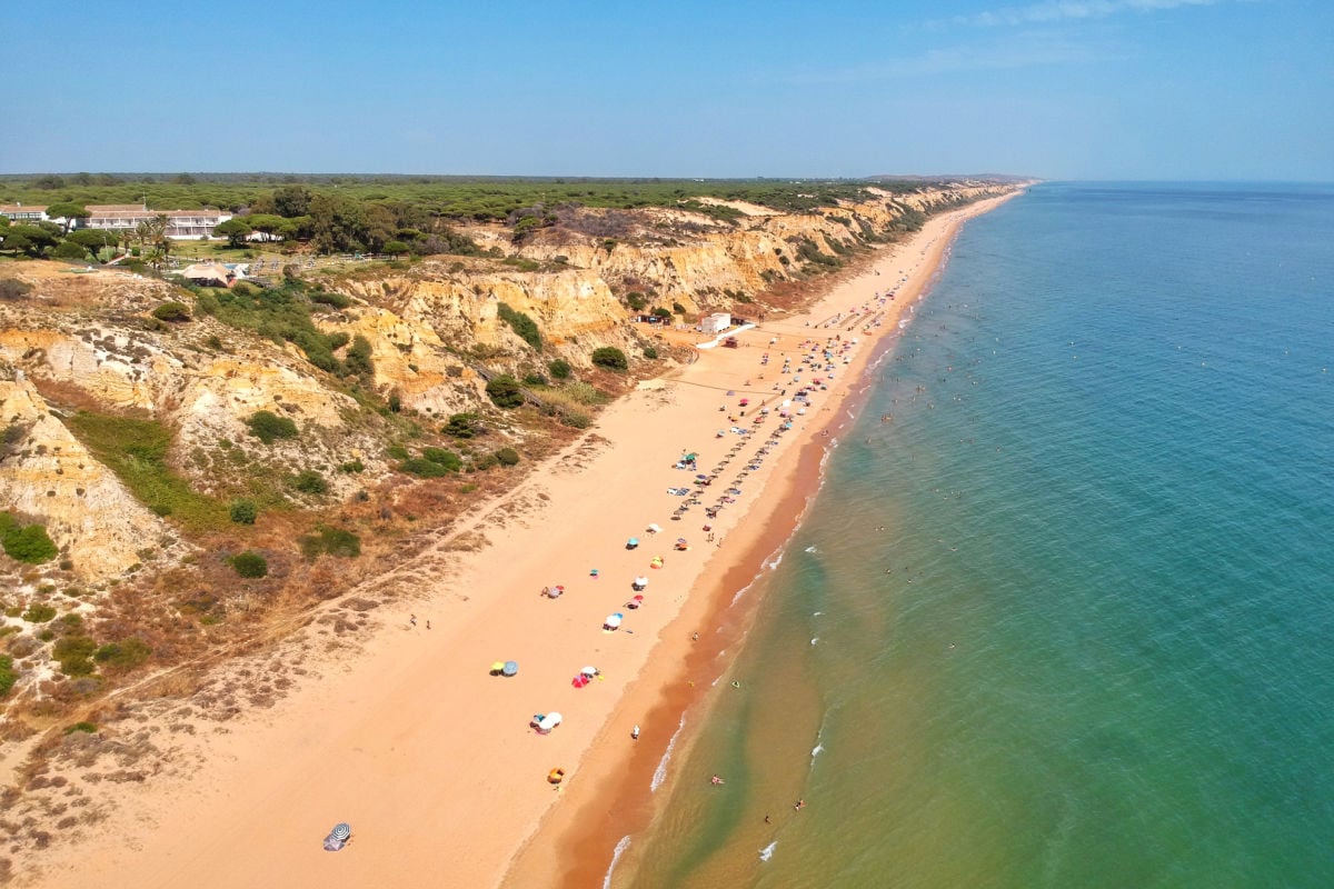 Aerial view of Cuesta Maneli beach in Mazagon, Spain