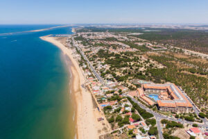 Aerial view of Mazagon, Spain coastline and resort