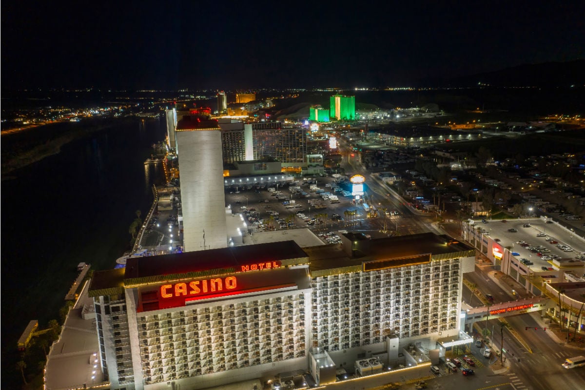Aerial view of casinos in Laughlin, NV at night