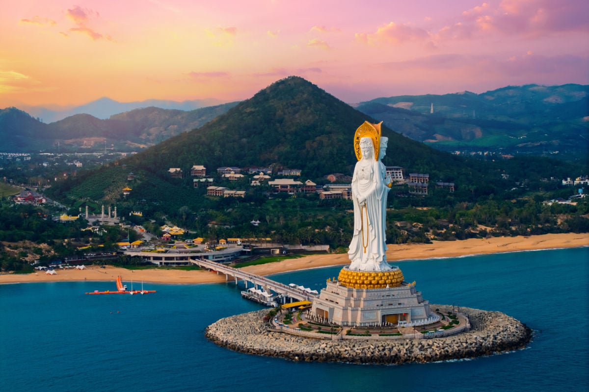 Aerial view of statue GuanYin in Sanya, China