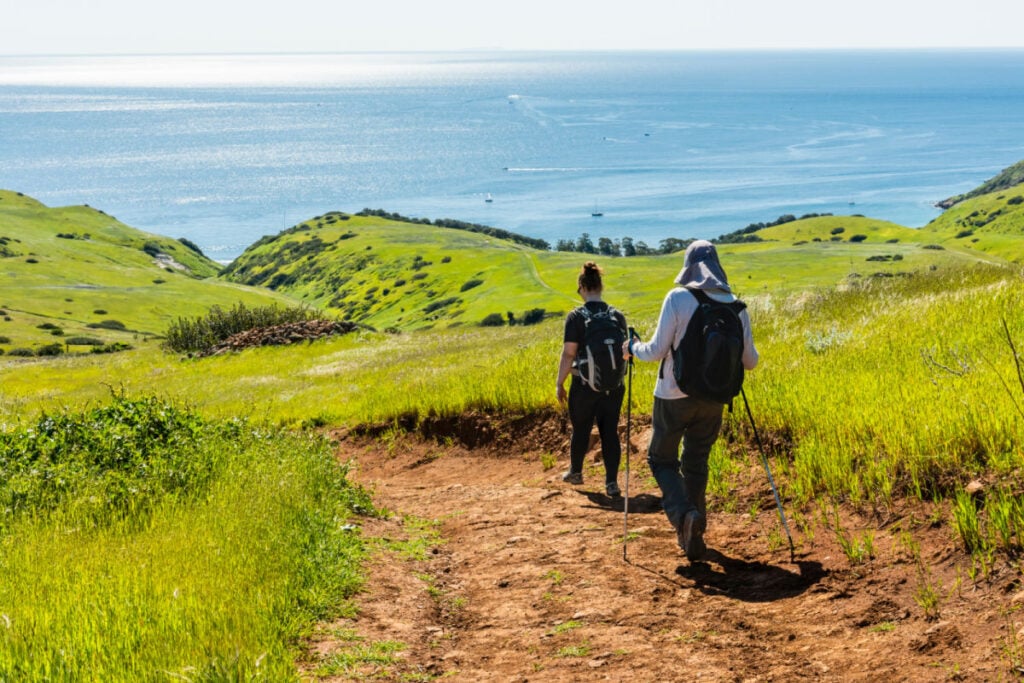 Hikers on Smugglers Road descending to Smugglers Cove on Santa Cruz Island, Channel Islands National Park, California