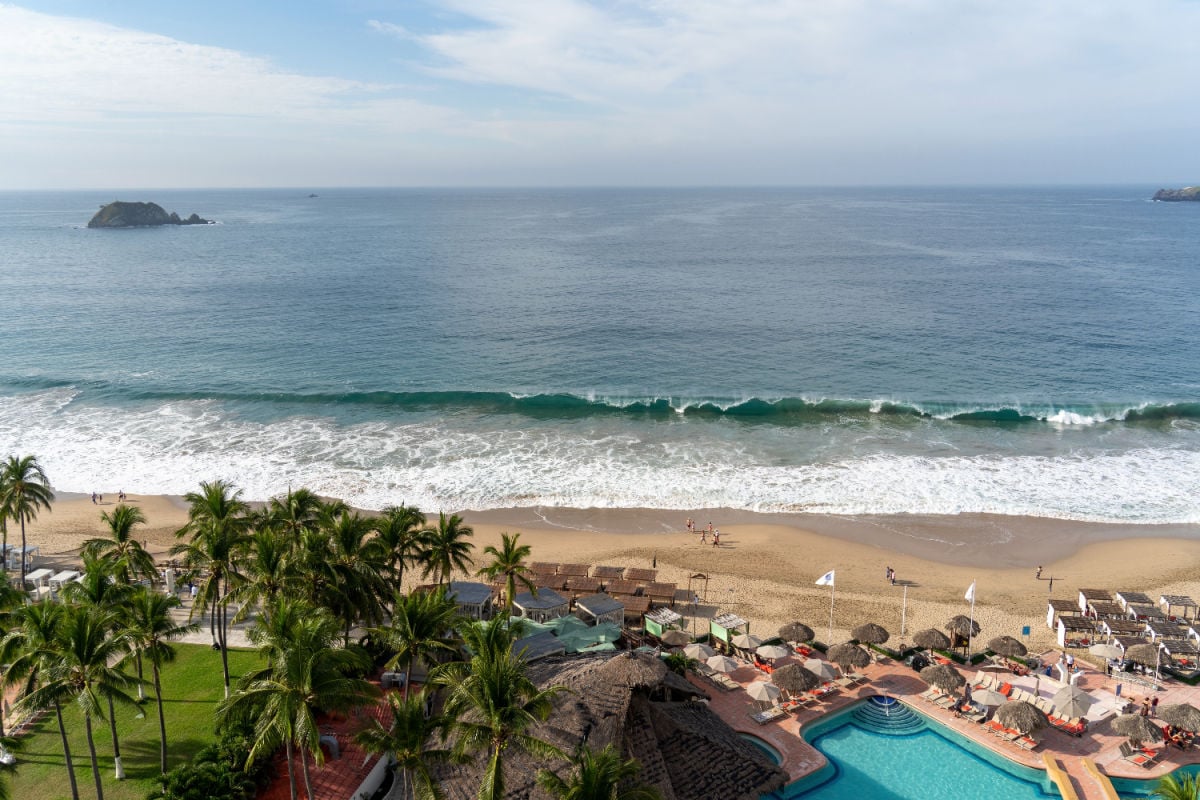 Resort-lined beach in Ixtapa, MX
