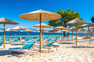 Shaded beach loungers in Thasos, Greece