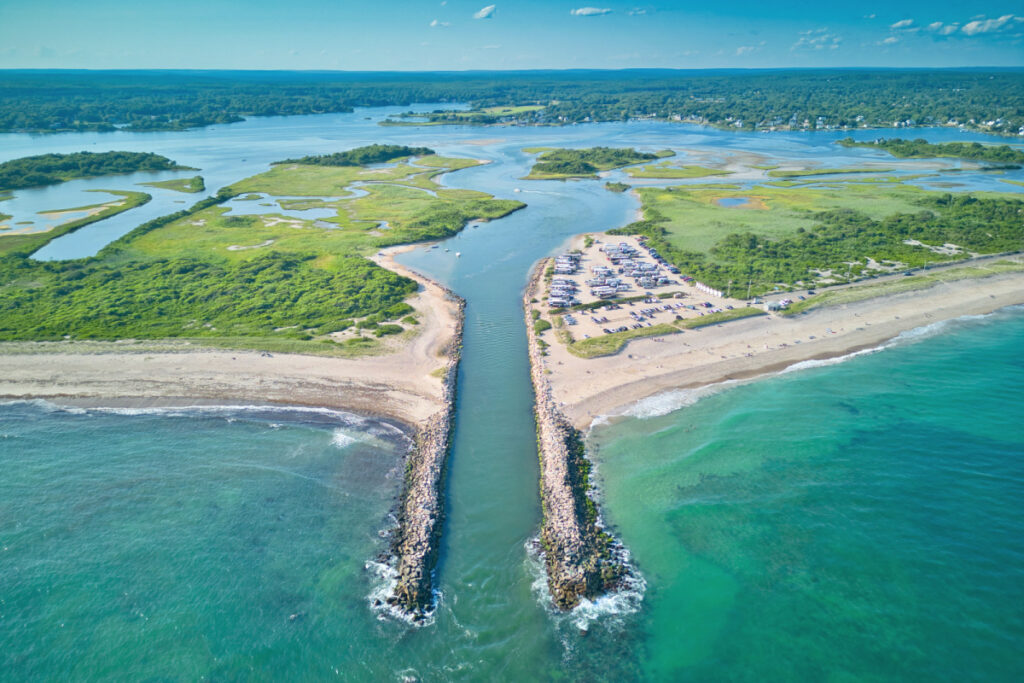 Aerial view of Charlestown, Rhode Island coastline and canal