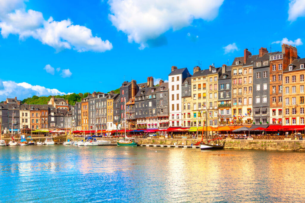 Vibrant waterfront townscape in Honfleur, France