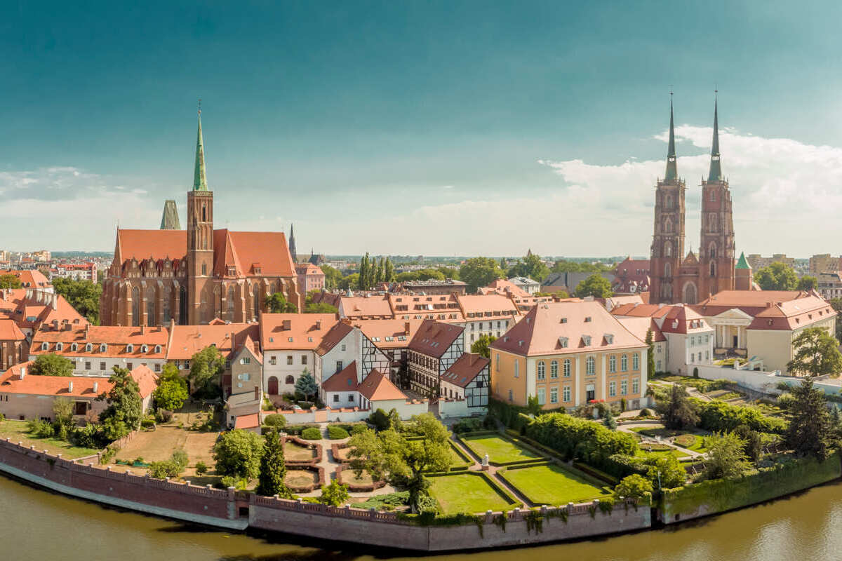 Aerial view of Ostrów Tumski, the Old Town of Wroclaw, Poland