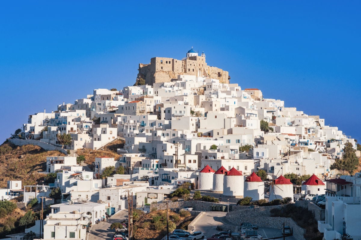 Astypalaia whitewashed townscape with hilltop castle