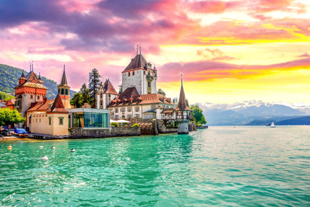 Colorful sky over lakeside wonder of Thun, Switzelrand