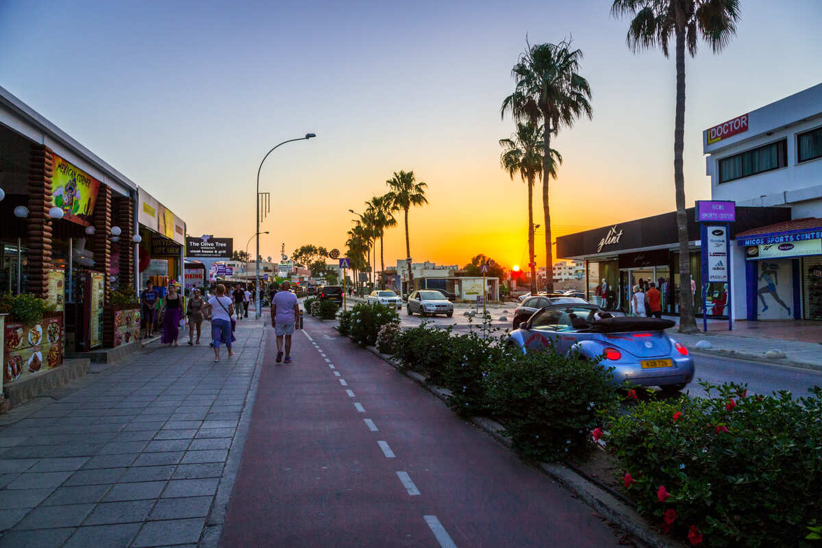Main Street In Ayia Napa During Sunset, Cyprus