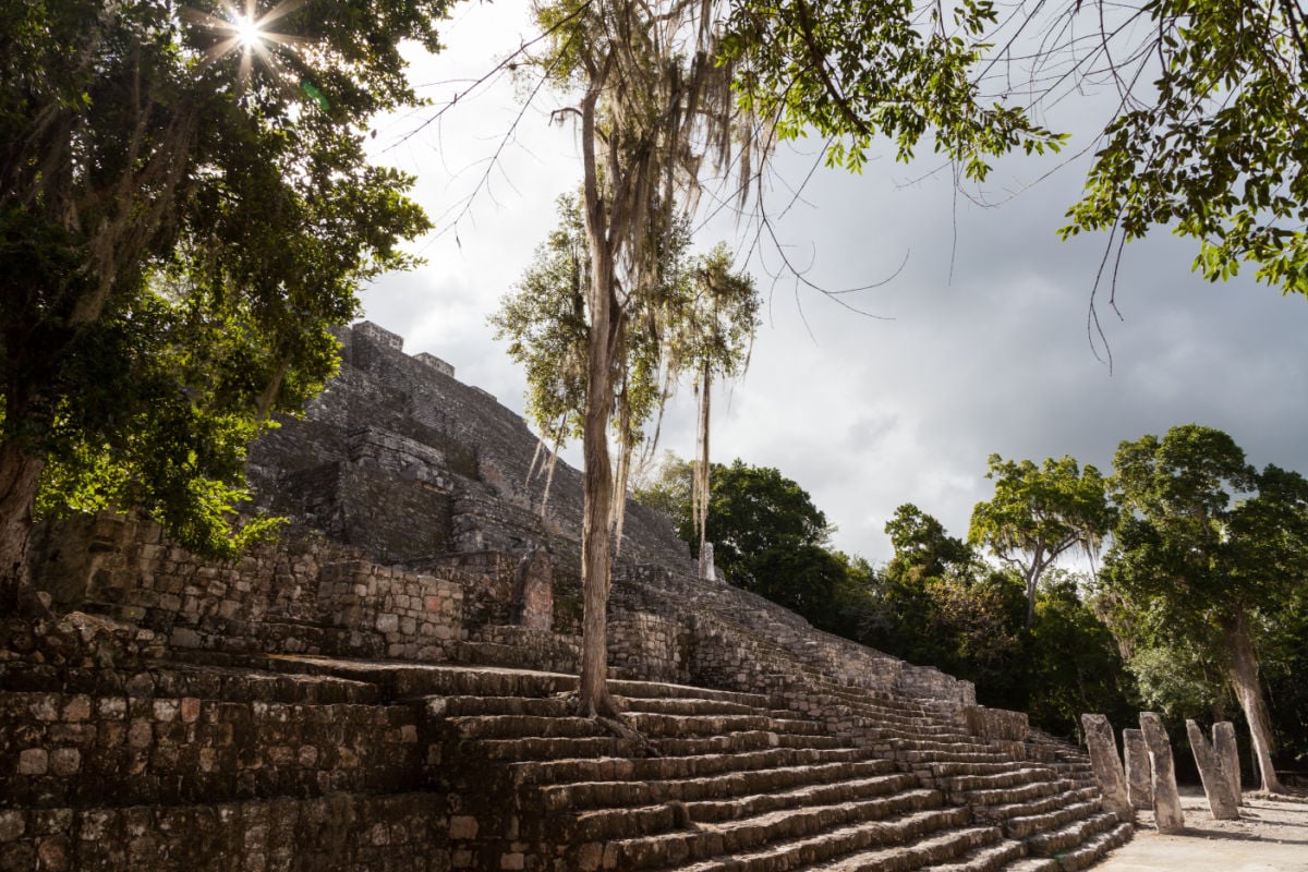 Mayan temple in the Calakmul Biosphere Reserve, Campeche, Mexico. Temple steps at the bottom in mystical light.