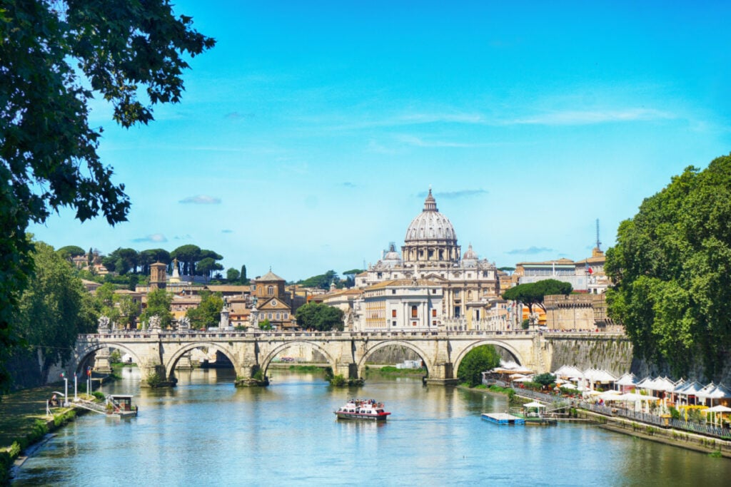 Panoramic view of St. Peter's Basilica(Basilica Papale di San Pietro in Citta di Vaticano) in the Vatican on a sunny day, Rome, Italy