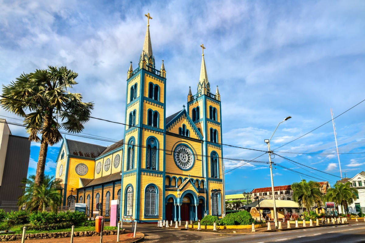 Saint Peter and Paul Cathedral, a wooden Roman Catholic cathedral at the Historic Inner City of Paramaribo, UNESCO World Heritage in Suriname, South America