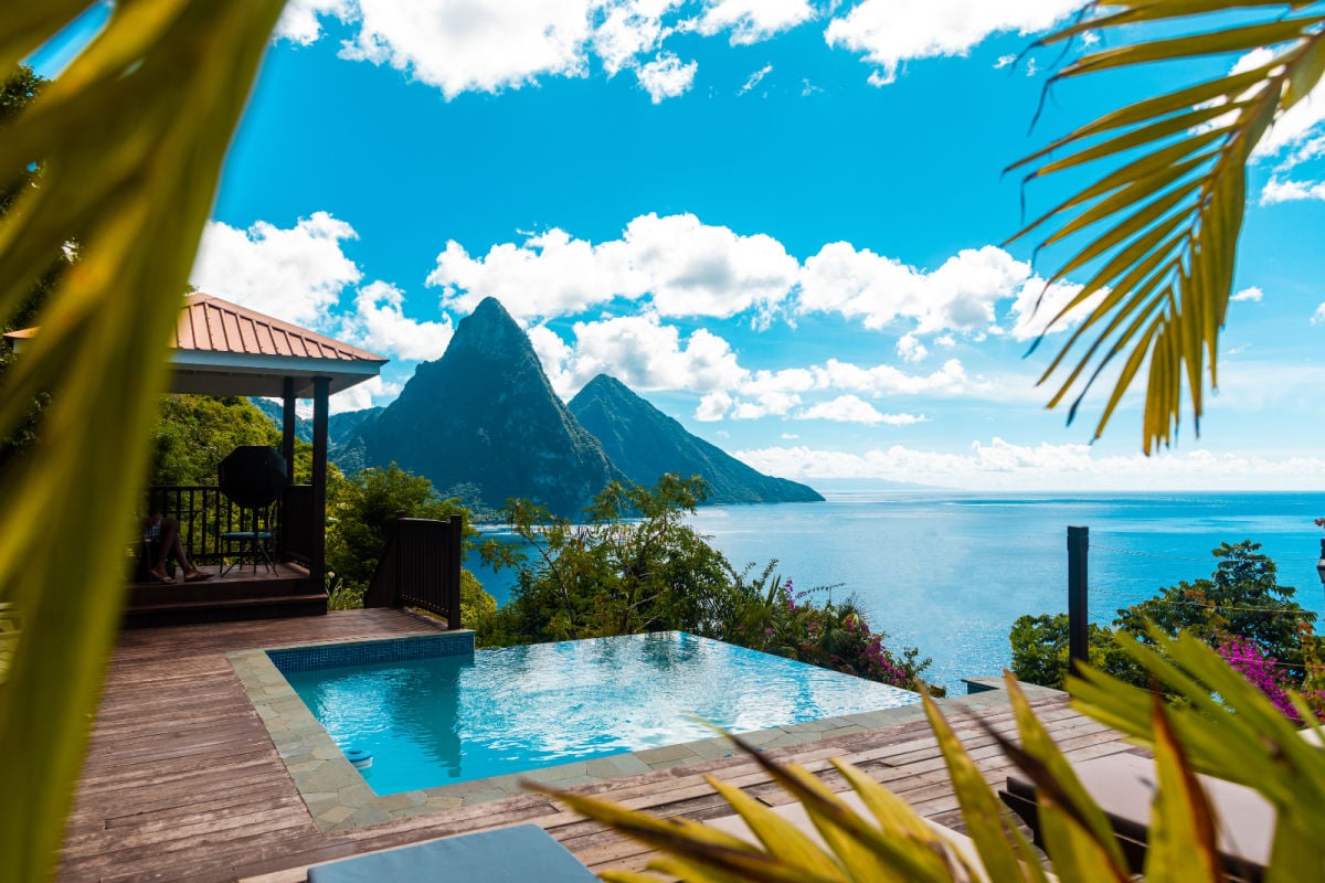 The pitons in Saint Lucia seen from a tropical villa,