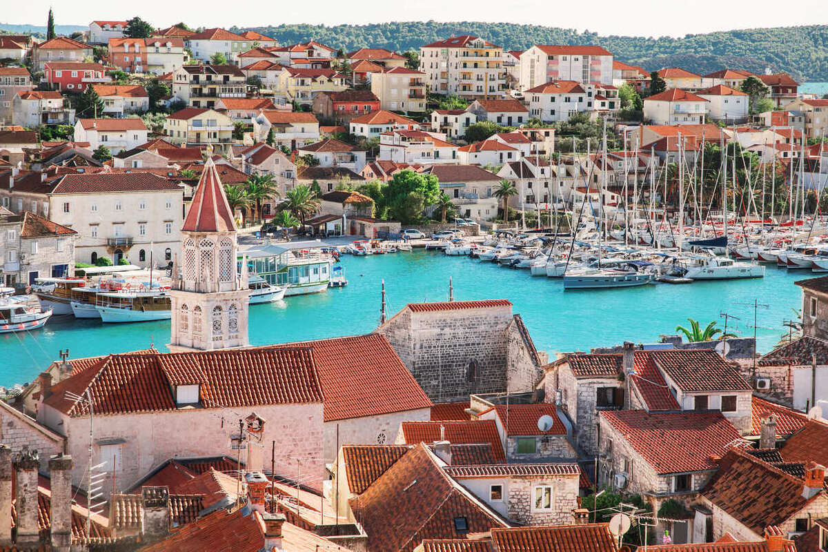 Trogir Old Town And The Island Of Ciovo Seen From The Belfry Of The Cathedral Of St Lawrence, Trogir, Croatia