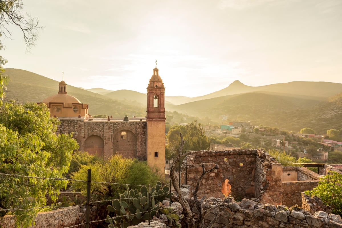 View of San Pedro Hill at sunrise in San Luis Potosi, ancient city like Real de Catorce, Mexico, magical city (Cerro de San Pedro pueblo magico)