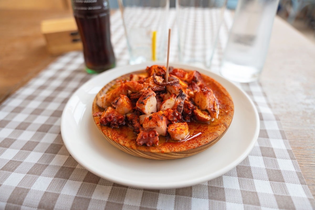Polbo a feira served In Santiago de Compostela, Galicia, Spain
