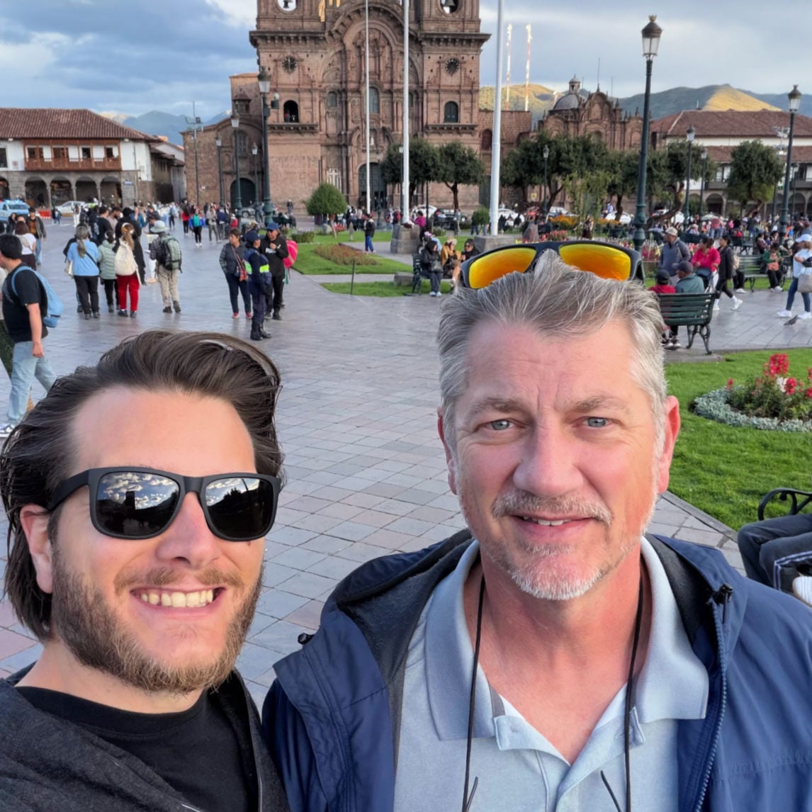 Tyler Fox with father Tim Fox in Cusco historic city center