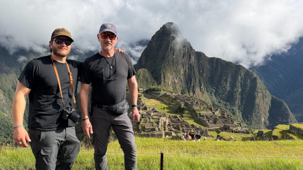 Tyler and Tim Fox in front of Machu Picchu after hiking the Inca Trail