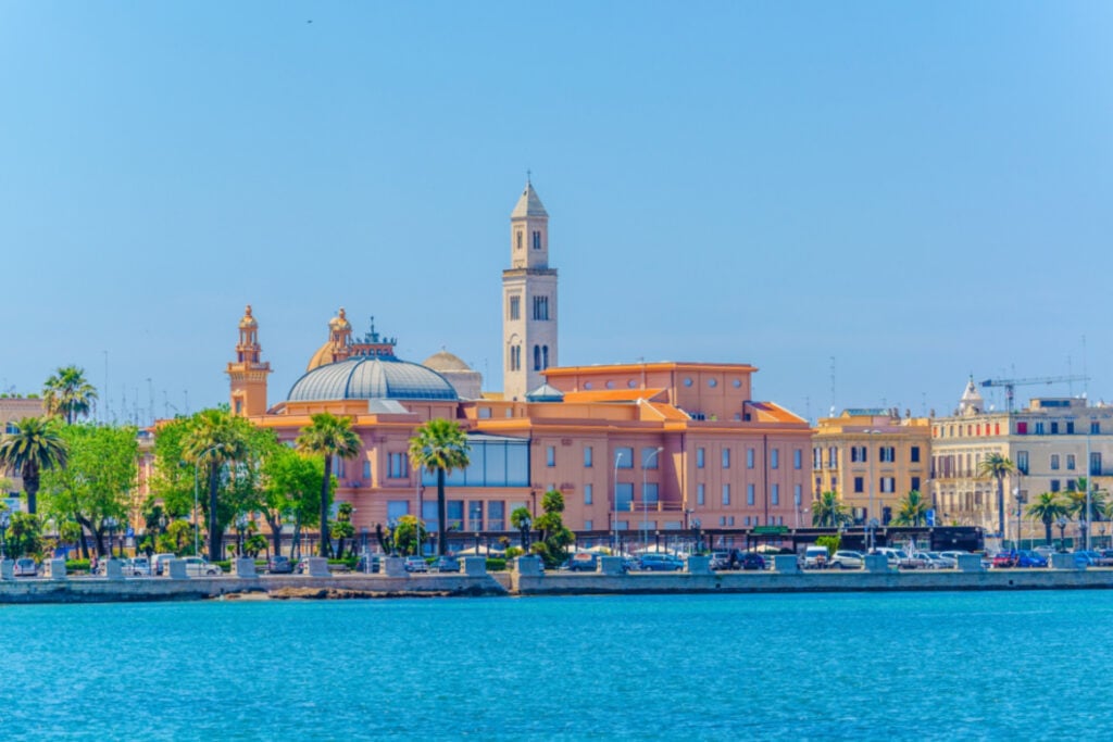 View of the Bari waterfront dominated by the Margherita theater and San Sabino Cathedral, Italy