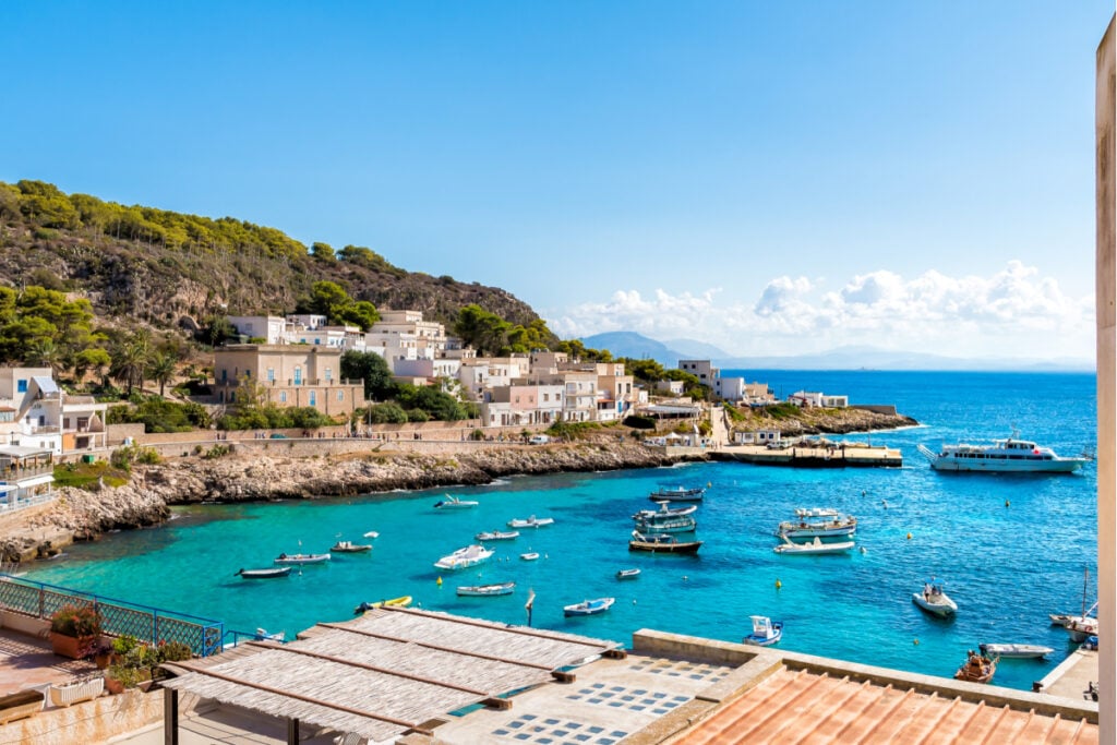 View of the Levanzo island, smallest of the Aegadian Islands in the Mediterranean Sea in Sicily, province of Trapany, Italy