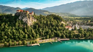 Bled Castle built on top of a cliff overlooking lake Bled, located in Bled, Slovenia.