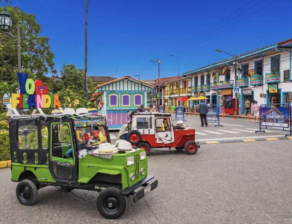 Bolívar Park with typical colorful houses. A town in the coffee triangle