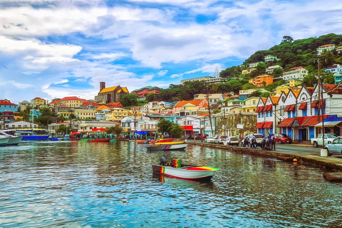 Inner harbor in St Georges with Cathedral of the Immaculate Conception beyond, Grenada, West Indies