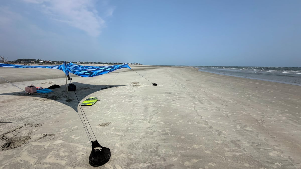 Sun Tent set up on Pritchard's Island, South Carolina with empty beach