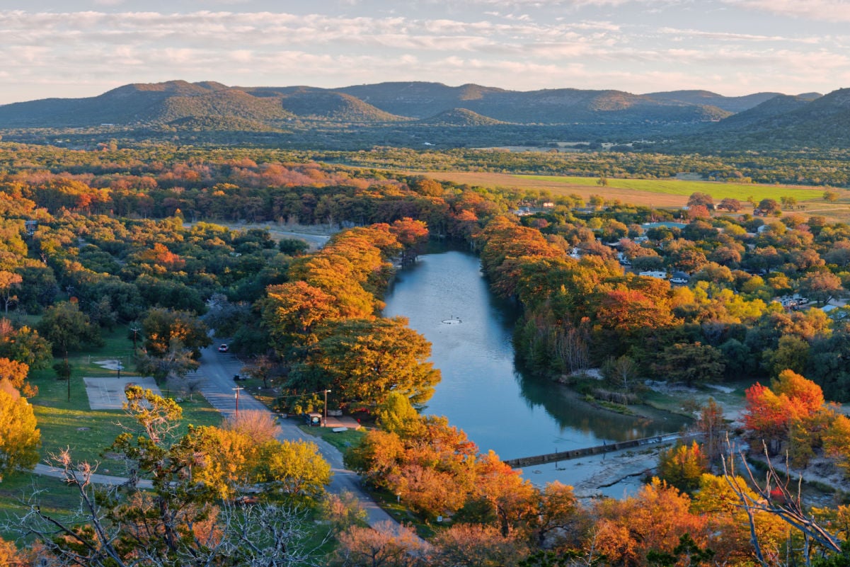 Sunrise Fall Panorama of Frio River from Old Baldy Garner State Park Concan Texas Hill Country