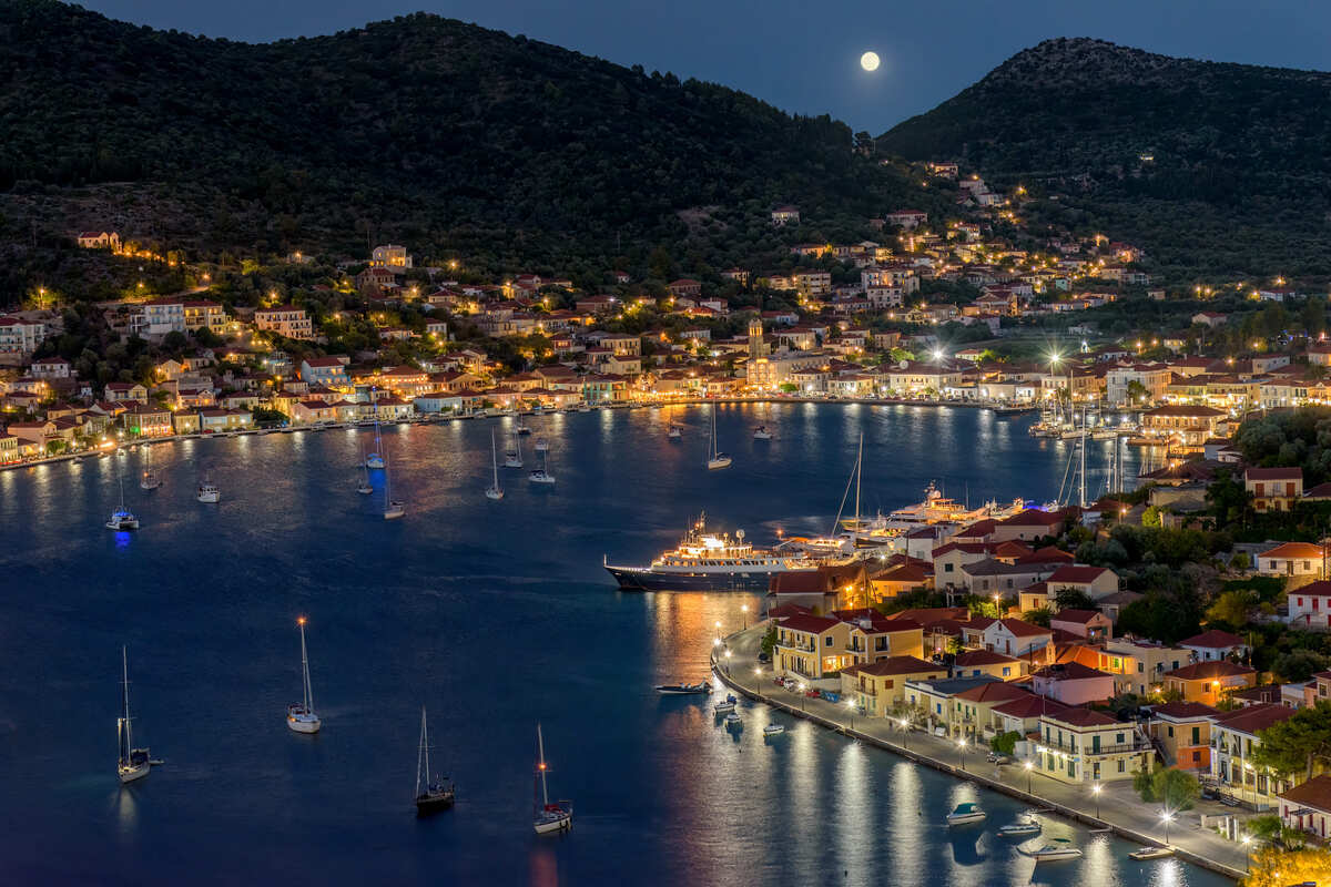 View Of Vathy In Ithaca At Night, Greece
