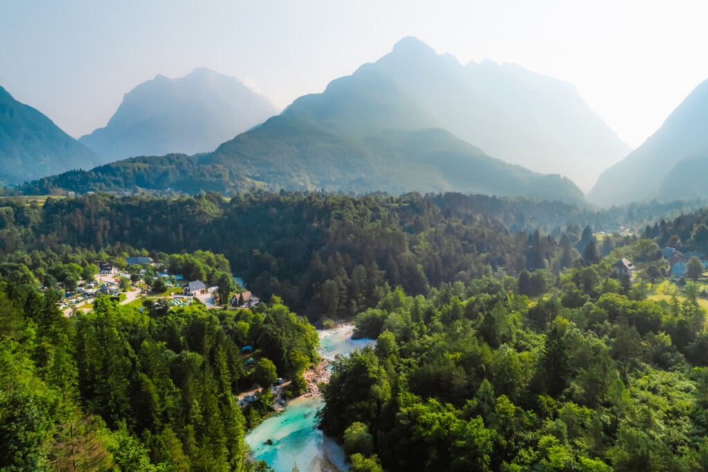 Wonderful Soca river and gorge in the green forest, Bovec, Slovenia. Kayaking destination in Slovenia in Triglav National park