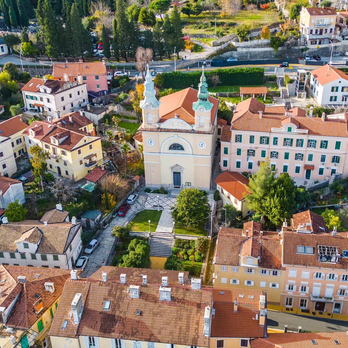 Aerial View Of Downtown Volosko, A Small Town On The Istrian Coast Of Croatia