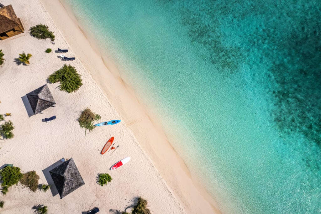 Aerial drone top down view of beach of Stocking Island, Great Exuma, Bahamas.