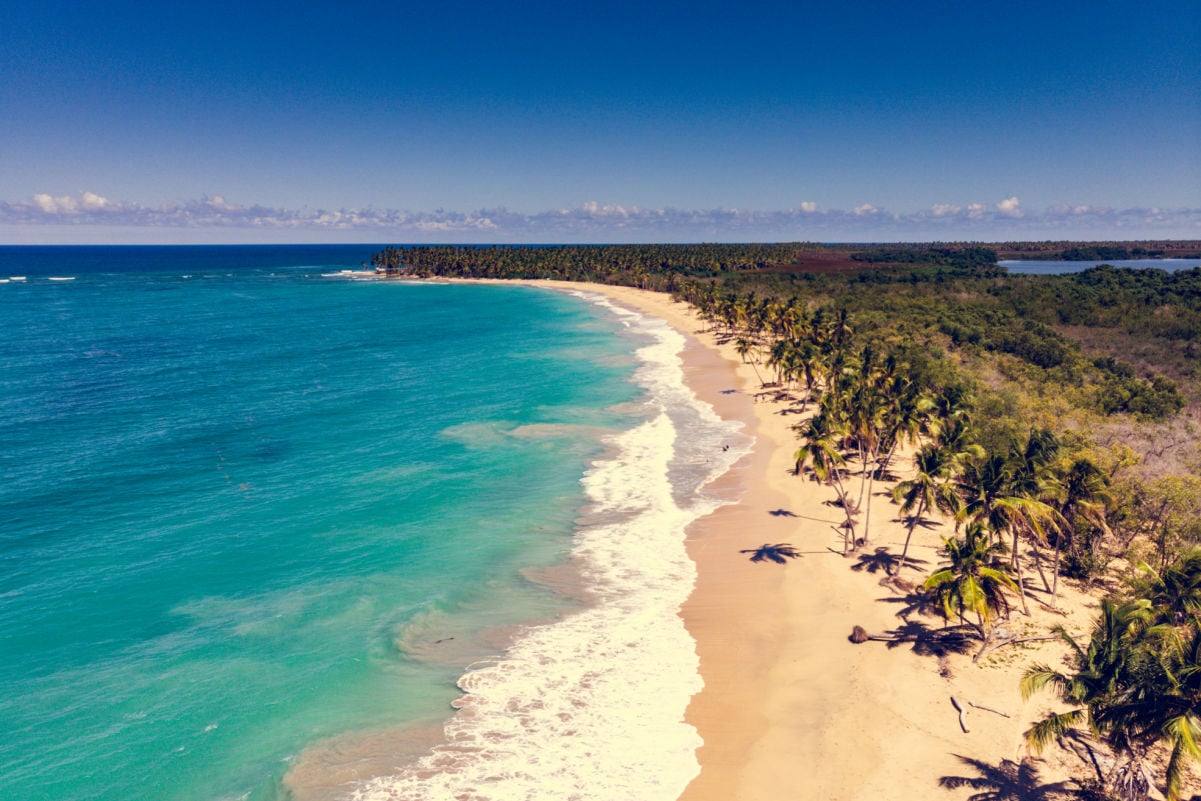 Aerial drone view of paradise beach with palm trees, blue water and mountains at the El Limon beach, Miches, Dominican Republic